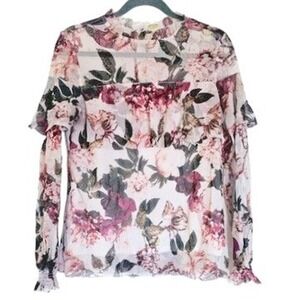 Romantic Goth Sheer floral high neck long sleeve blouse Size Medium pink white